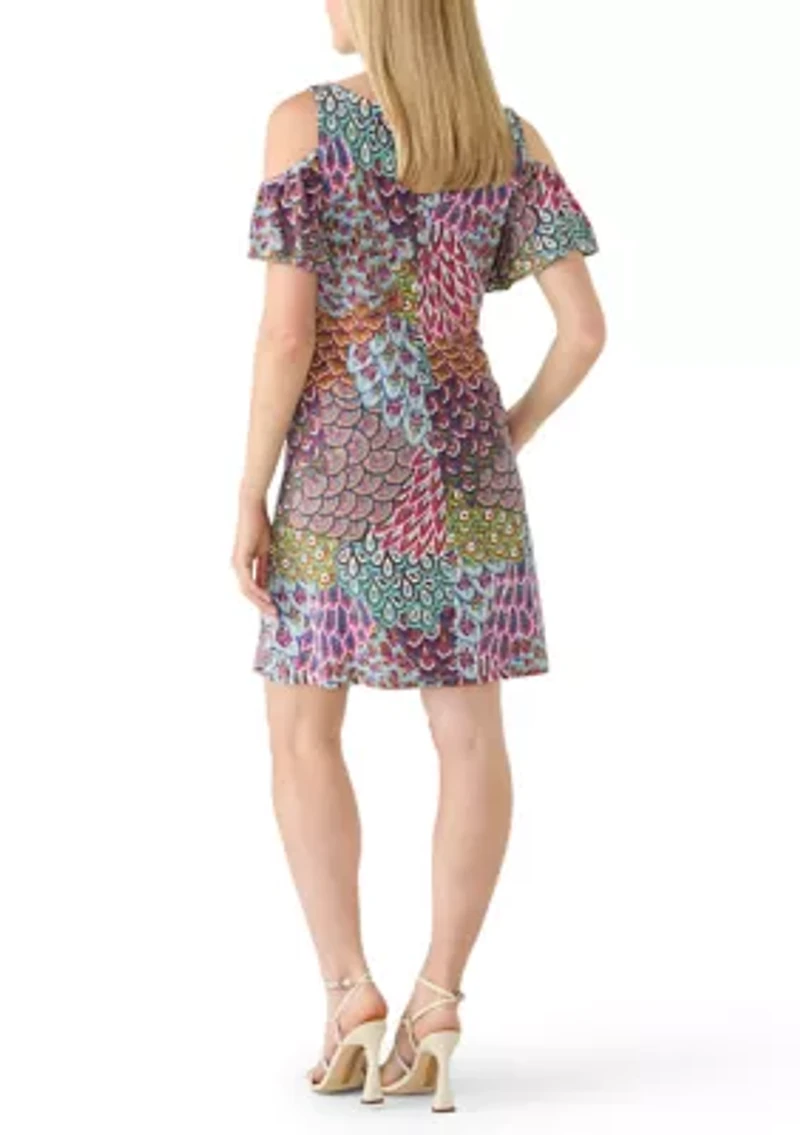 Petite Short Sleeve Cold Shoulder Print Mini Dress