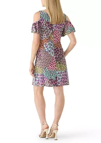 Petite Short Sleeve Cold Shoulder Print Mini Dress