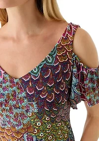 Petite Short Sleeve Cold Shoulder Print Mini Dress