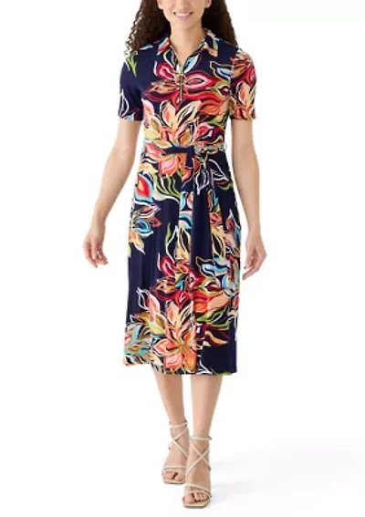 Petite Collard V-Neck Zip Up Midi Dress