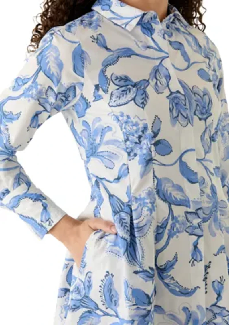 Petite Long Sleeve Button Front Cuffed Dress