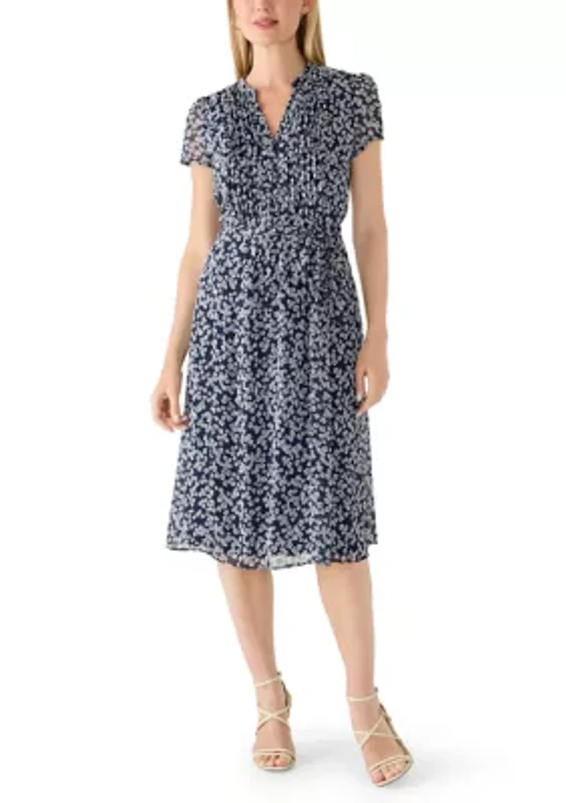 Petite Short Sleeve Pintuck Print Midi Dress