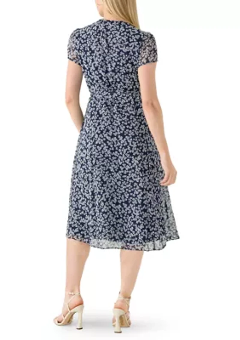 Petite Short Sleeve Pintuck Print Midi Dress
