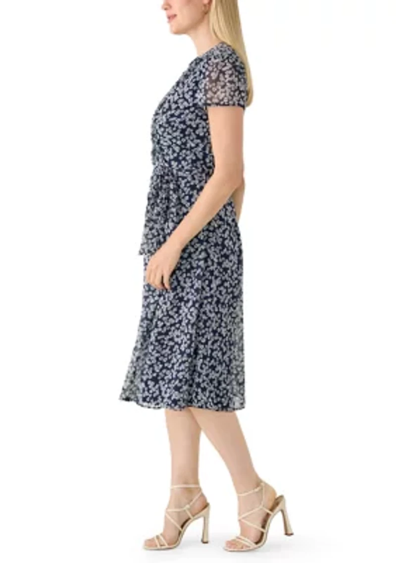 Petite Short Sleeve Pintuck Print Midi Dress