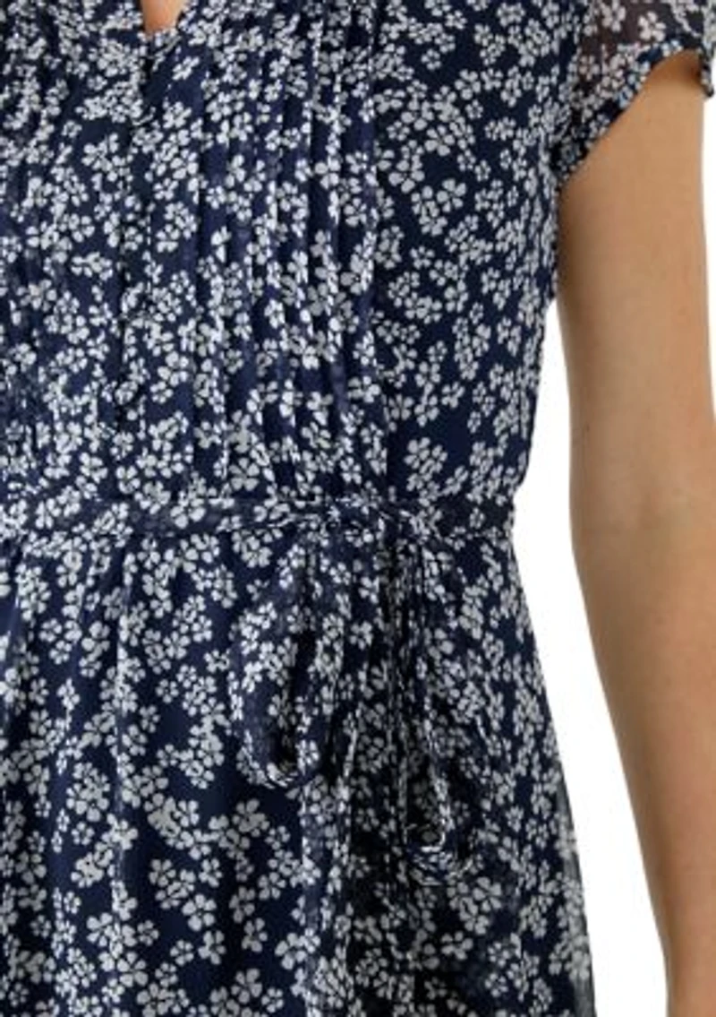 Petite Short Sleeve Pintuck Print Midi Dress