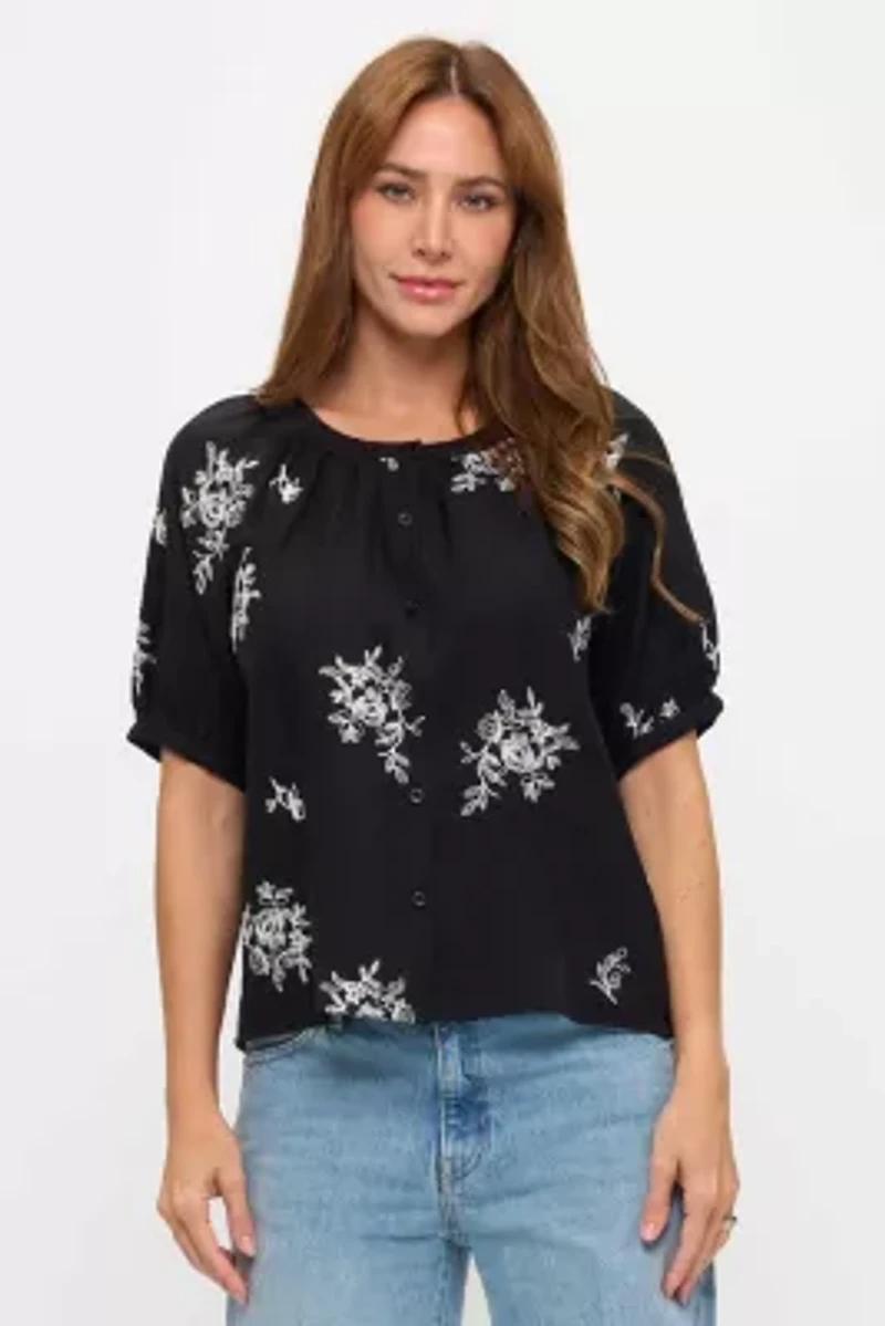 Floral Sketch Embroidered Button-Down Top