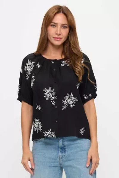 Floral Sketch Embroidered Button-Down Top