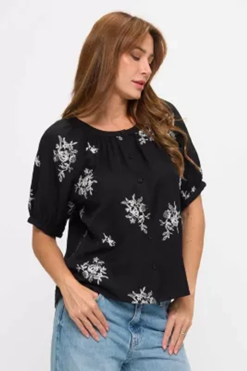 Floral Sketch Embroidered Button-Down Top