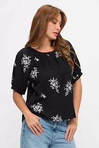Floral Sketch Embroidered Button-Down Top