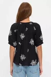 Floral Sketch Embroidered Button-Down Top