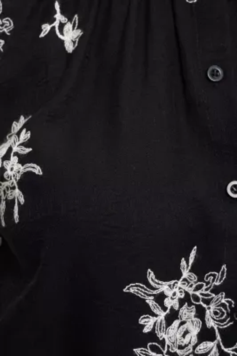 Floral Sketch Embroidered Button-Down Top