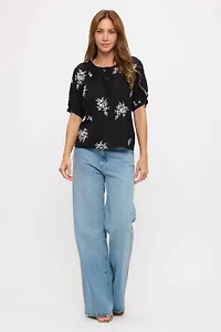 Floral Sketch Embroidered Button-Down Top