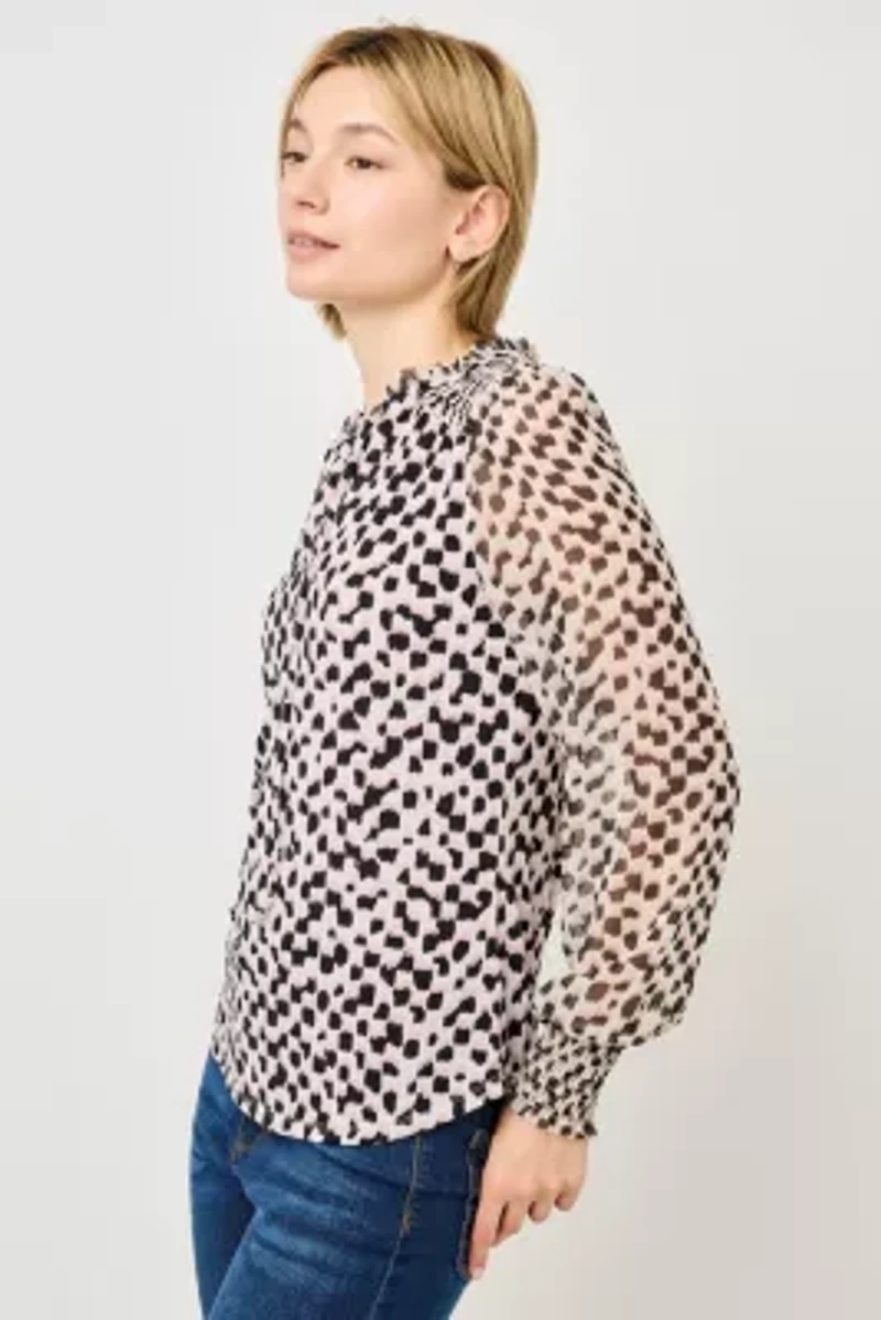 Smocked Cuff Mixed-Media Blouse