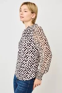 Smocked Cuff Mixed-Media Blouse