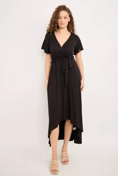 Flutter Sleeve Faux-Wrap Midi Dress