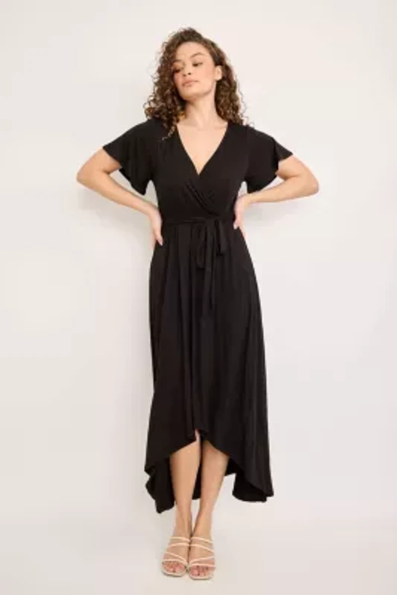 Flutter Sleeve Faux-Wrap Midi Dress