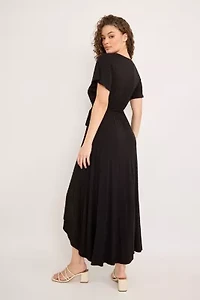 Flutter Sleeve Faux-Wrap Midi Dress
