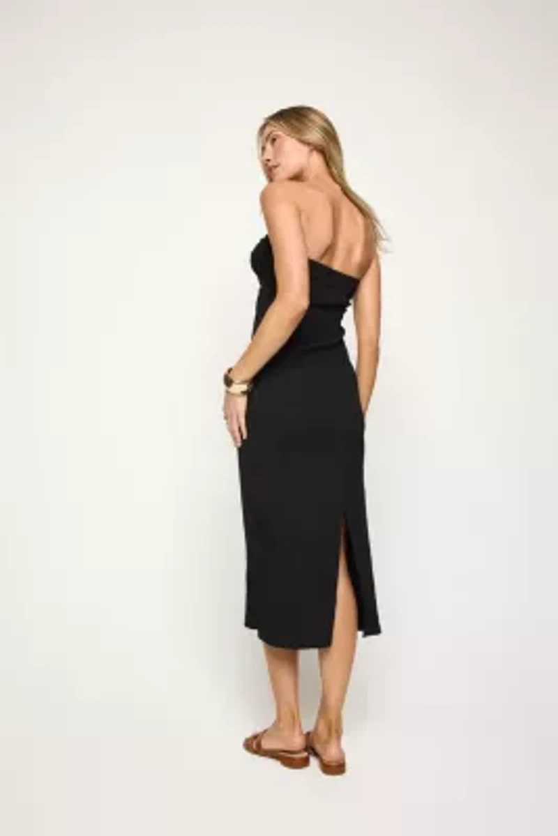 Strapless Twist Front Textured Midi Dress