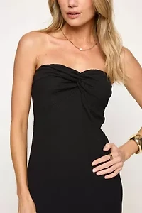 Strapless Twist Front Textured Midi Dress