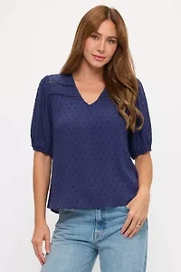 Swiss Dot Ladder Trim V-Neck Blouse