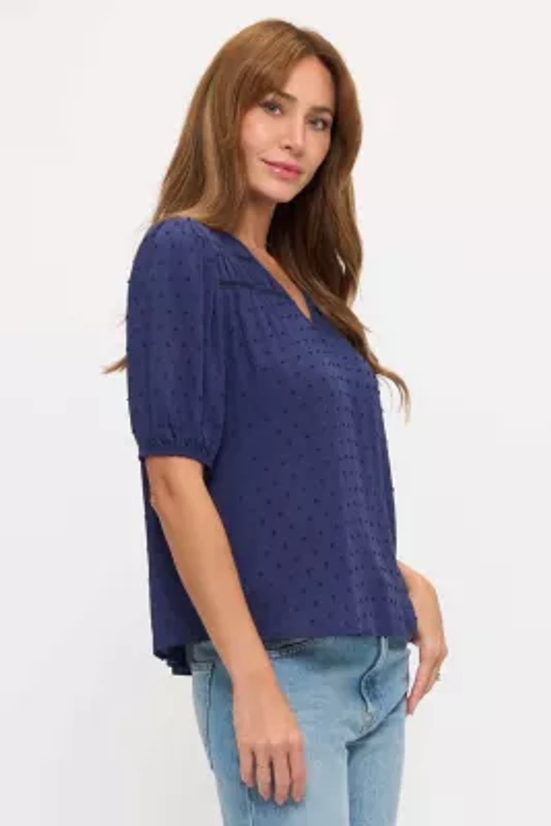 Swiss Dot Ladder Trim V-Neck Blouse