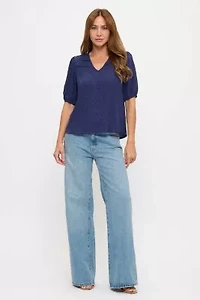 Swiss Dot Ladder Trim V-Neck Blouse