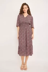 Smocked Waist Flutter Sleeve Midi Dress