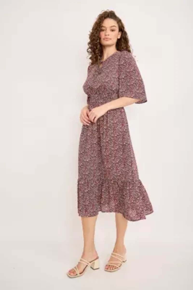 Smocked Waist Flutter Sleeve Midi Dress