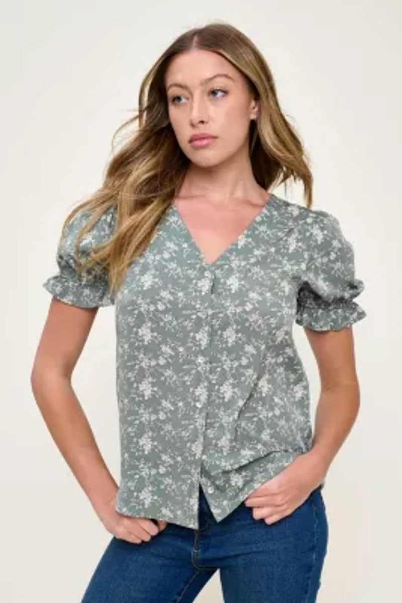 Button-Front Ruffle Cuff Sleeve Top