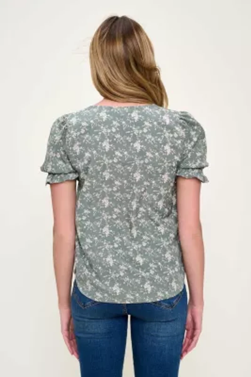 Button-Front Ruffle Cuff Sleeve Top