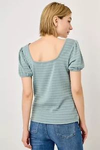 Square Neck Puff Sleeve Textured Knit Top