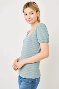 Square Neck Puff Sleeve Textured Knit Top