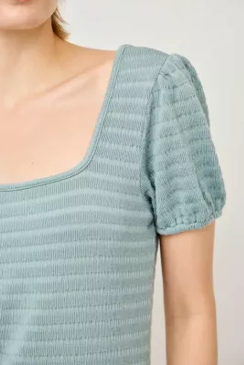 Square Neck Puff Sleeve Textured Knit Top
