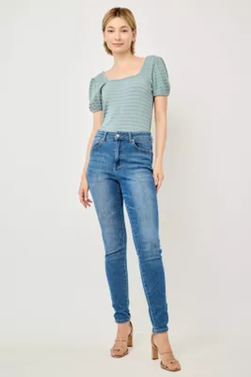 Square Neck Puff Sleeve Textured Knit Top