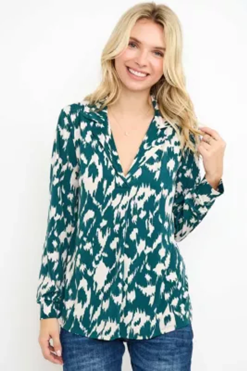 Collared Long Sleeve V-Neck Blouse