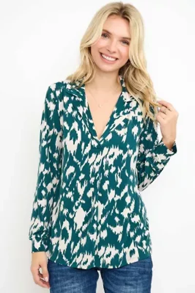 Collared Long Sleeve V-Neck Blouse