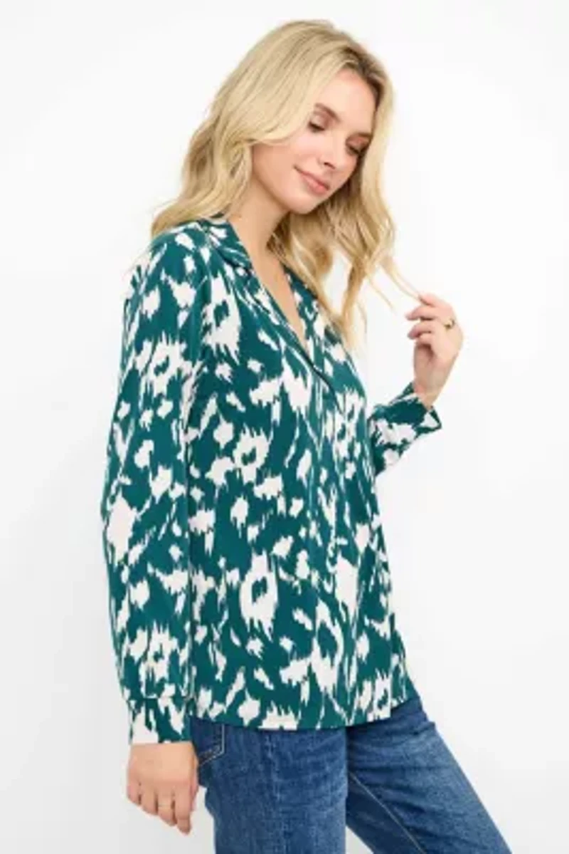 Collared Long Sleeve V-Neck Blouse