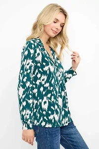 Collared Long Sleeve V-Neck Blouse