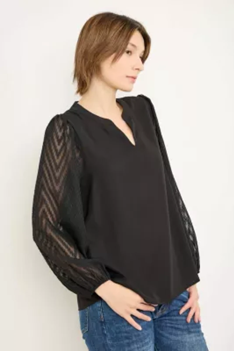 Split-Neck Sheer Sleeve Top