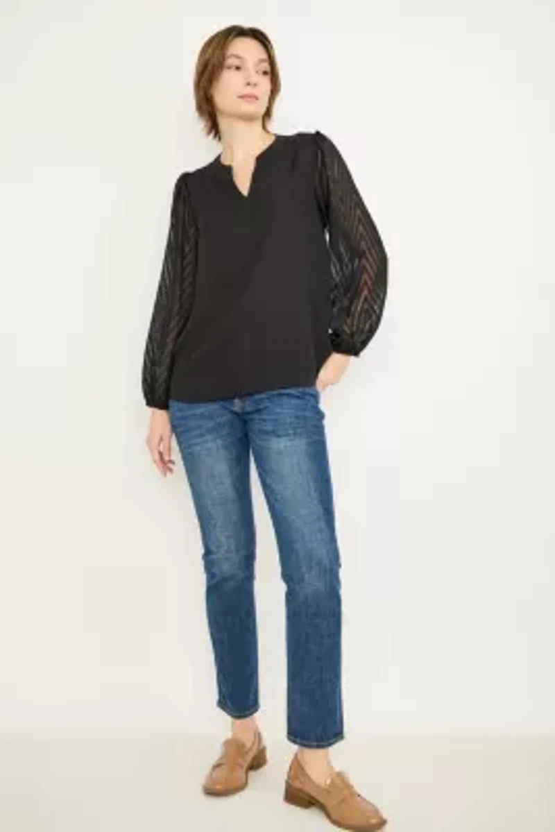 Split-Neck Sheer Sleeve Top