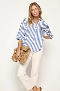 Split Neck Cuffed Sleeve Top