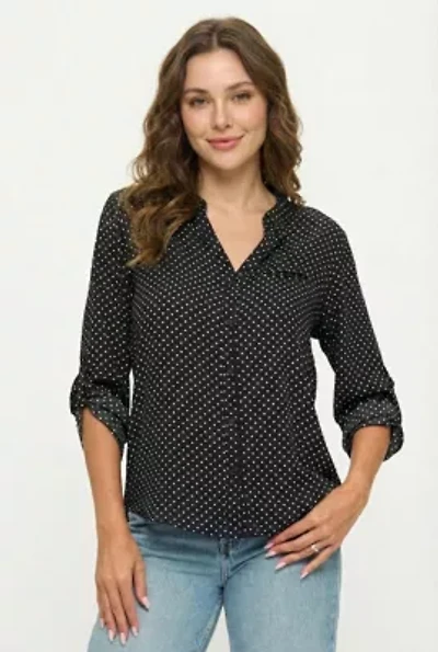 Split Neck Roll-Tab Blouse