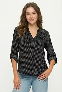 Split Neck Roll-Tab Blouse