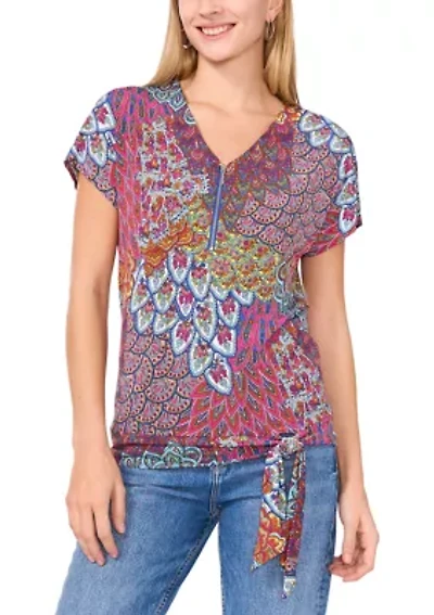 Women's Short Sleeve Zip Front Tie Hem Top
