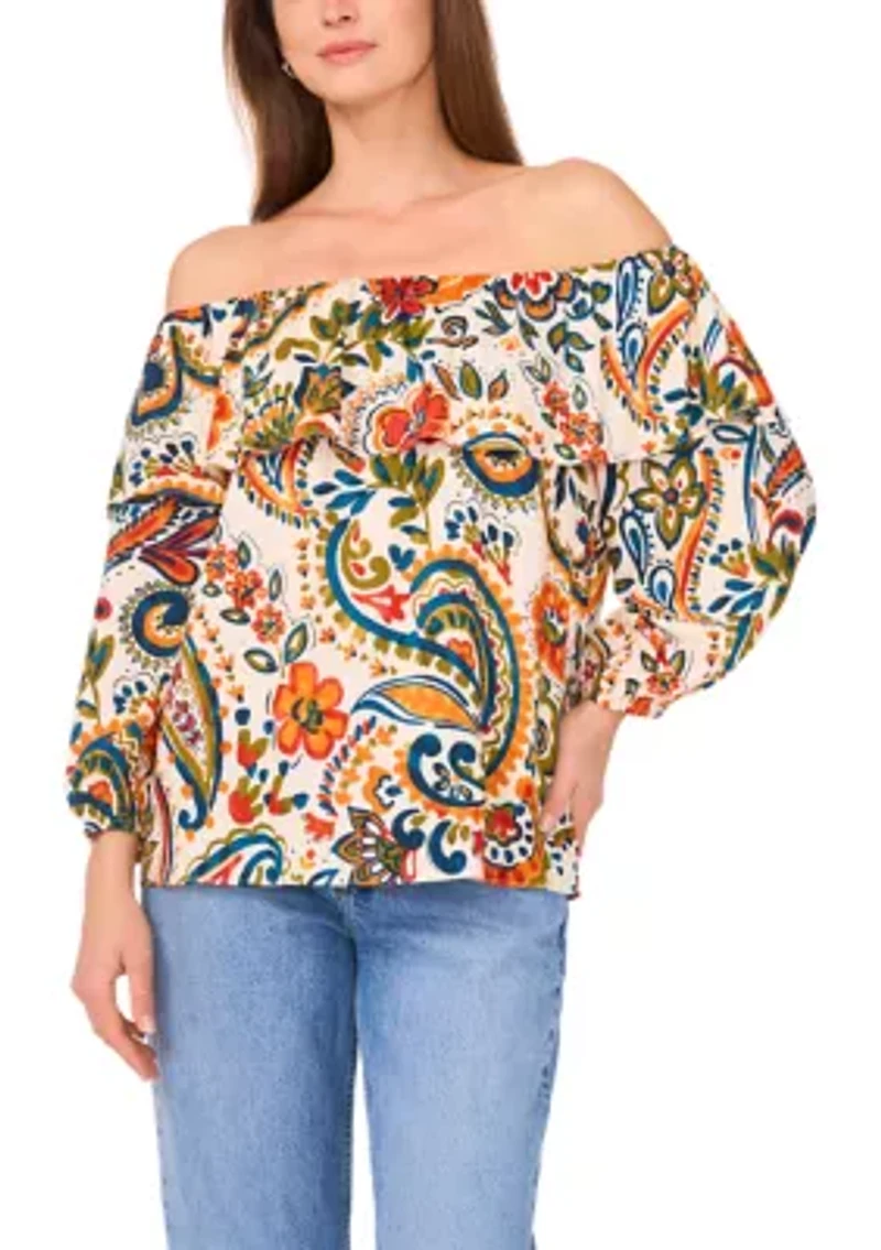 Women's 3/4 Sleeve Off the Shoulder Printed Top