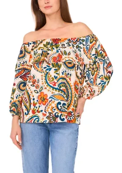 Women's 3/4 Sleeve Off the Shoulder Printed Top