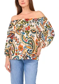Women's 3/4 Sleeve Off the Shoulder Printed Top