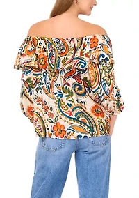 Women's 3/4 Sleeve Off the Shoulder Printed Top