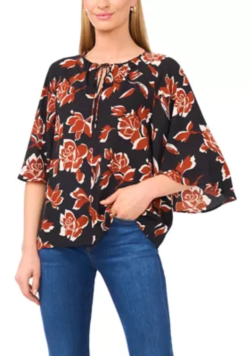 Women's 3/4 Bell Sleeve Tie Neck Blouse