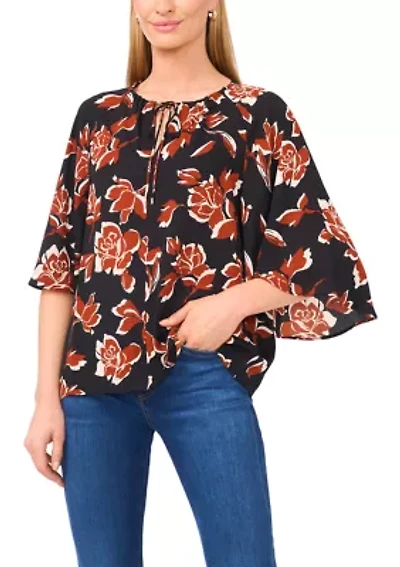 Women's 3/4 Bell Sleeve Tie Neck Blouse